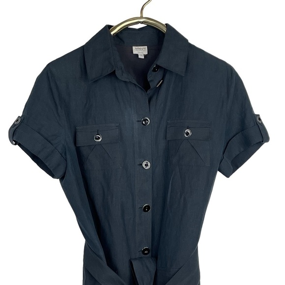 ARMANI COLLEZIONI LINEN BUTTON DOWN BELTED SAFARI STYLE BLACK SHIRT DRESS - Picture 6 of 15